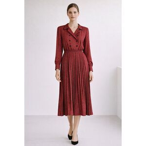Vintage Red Silk Pleated Midi Dress Structured Waist Timeless Elegance